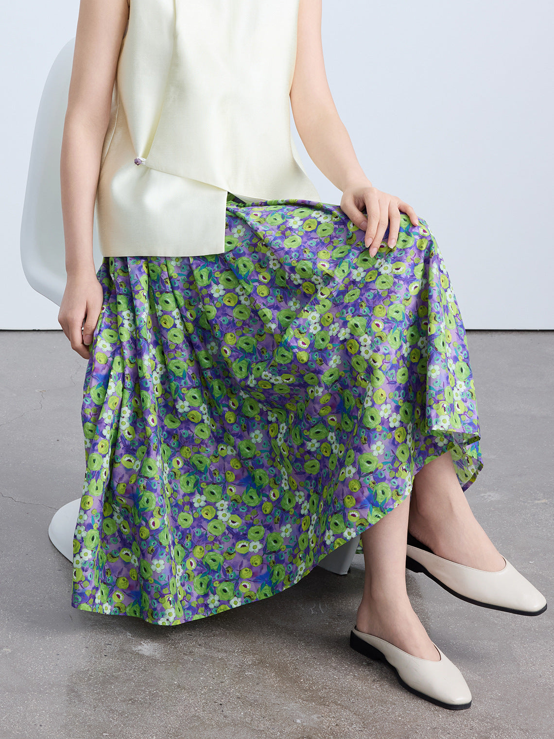 High-End Green Floral Midi Skirt with Elastic Waist