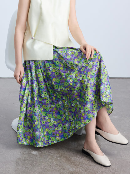 High-End Green Floral Midi Skirt with Elastic Waist