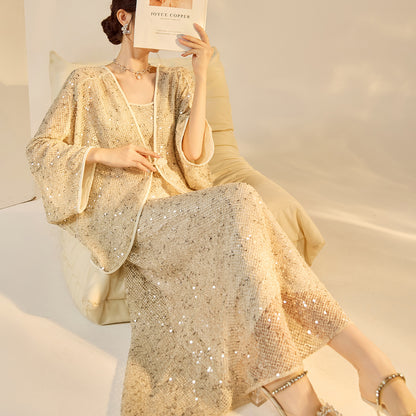 Autumn New Chinese Sequin Embroidered High-End Coat Dress Set