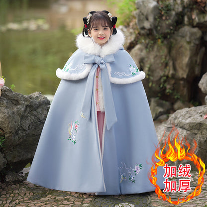 Girls' Winter Hanfu Cloak with Fur Collar Hooded Fairy Cape