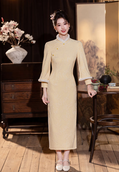 Elegant Yellow Winter Cheongsam – High-End Warm Daily Style