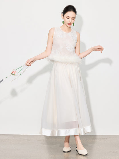 Double-Layer Mesh Patchwork Long Skirt with Elastic Waist