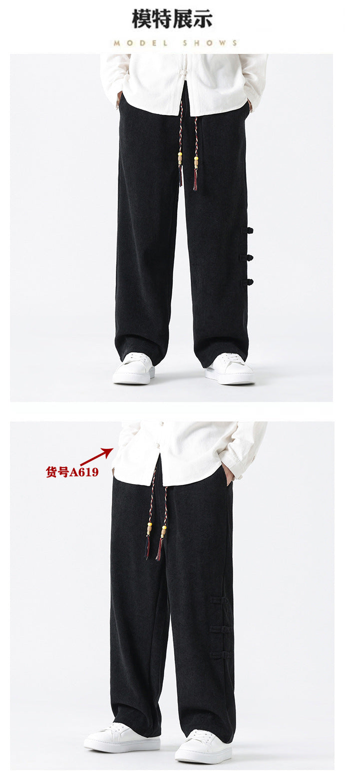 Chinese Style Mens Button Corduroy Pants Large Size Casual Sweatpants