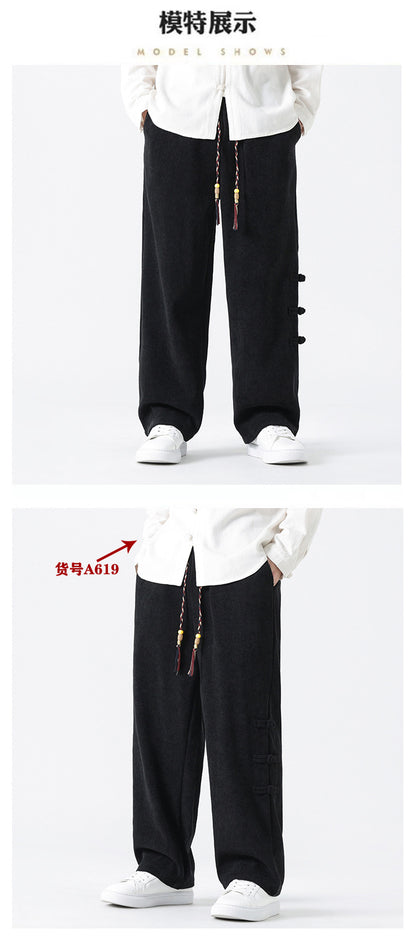 Chinese Style Mens Button Corduroy Pants Large Size Casual Sweatpants