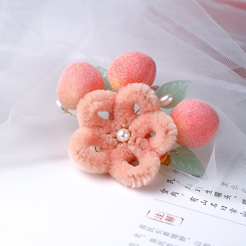 Peach Hanfu Hair Clips Velvet Flower Kids Costume Cute Chinese Style Accessories