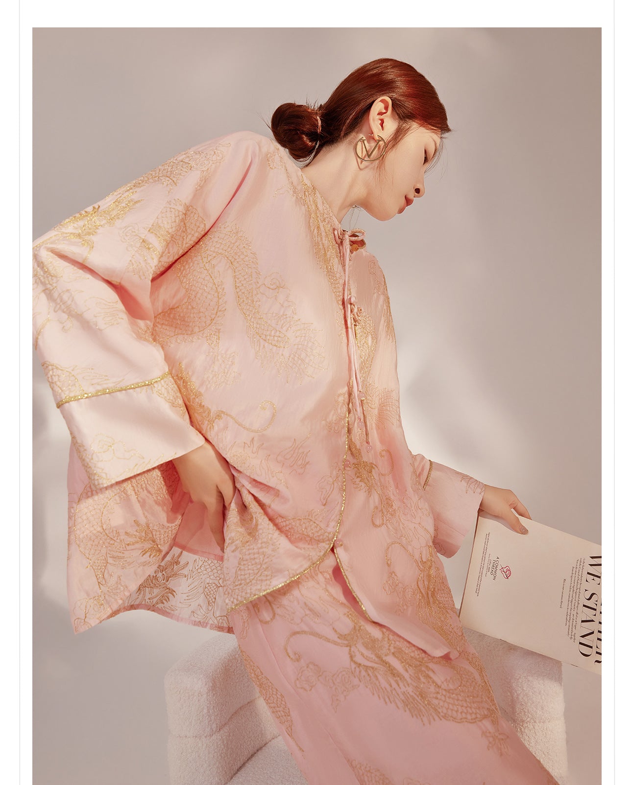 New Chinese Style Dragon Embroidered Shirt & High Waist Skirt Set