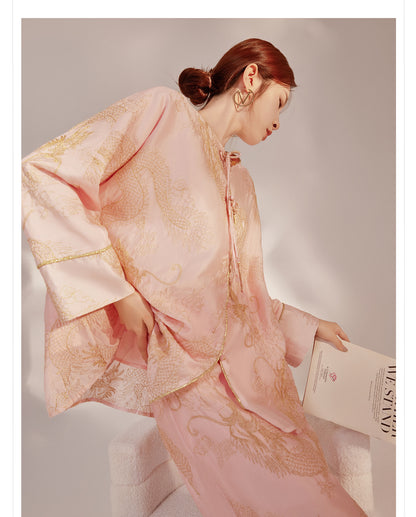 New Chinese Style Dragon Embroidered Shirt & High Waist Skirt Set