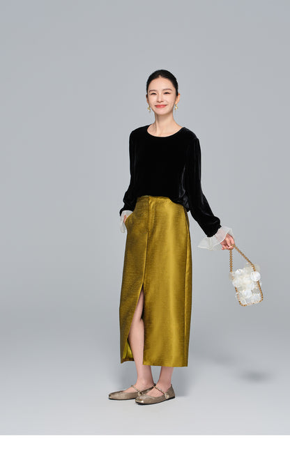 Slimming High-Waist Midi Skirt with Side Split for Women