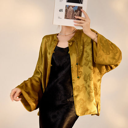 New Chinese Old Money Style Dragon Embroidered Acetate Luxury Coat