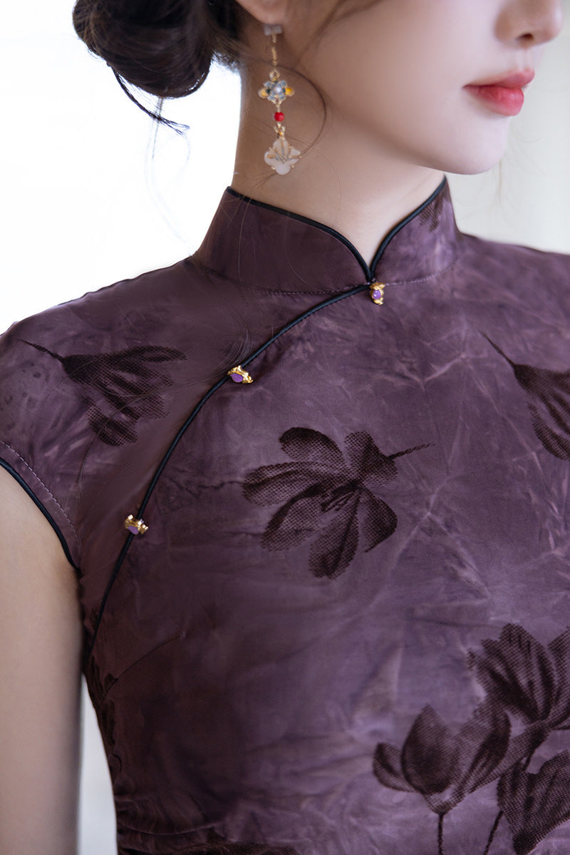 Elegant Purple Cheongsam – 2025 Slim Fit Retro Dress