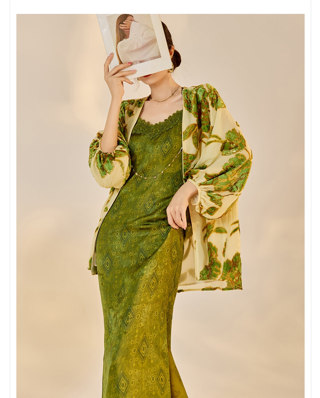 Velvet Burnout Jacket & Printed Cardigan Dress Set for Autumn