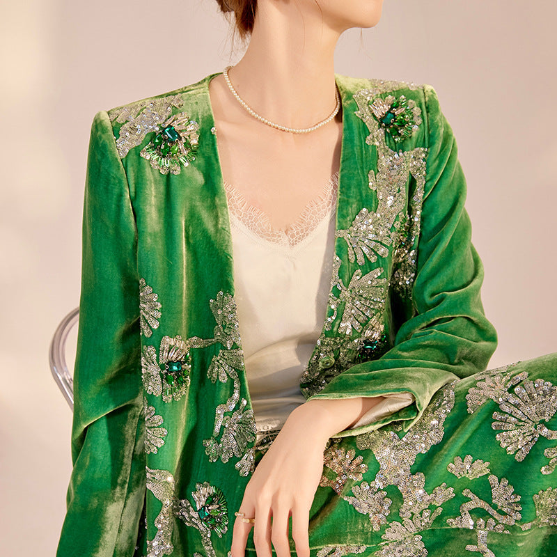 2025 Spring New Chinese Beaded Embroidered Silk Cardigan & Skirt Set