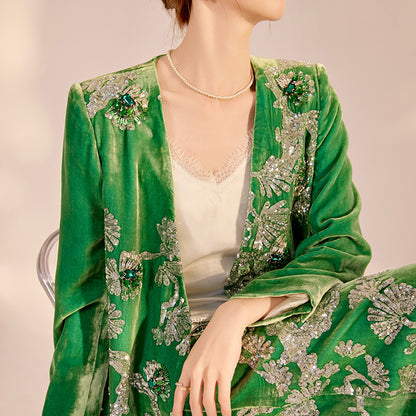 2025 Spring New Chinese Beaded Embroidered Silk Cardigan & Skirt Set