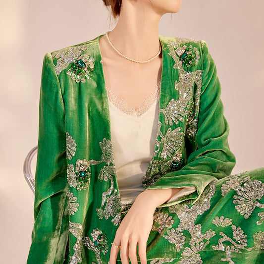 2025 Spring New Chinese Beaded Embroidered Silk Cardigan & Skirt Set