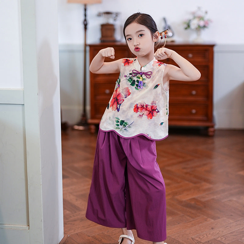 Retro Republic Style Girls Two-Piece — Improved Shirt & Pants Set