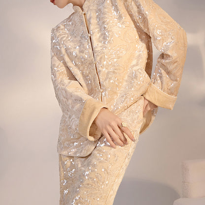 New Chinese Satin Floral Sequin Button Light Luxury Loose Coat