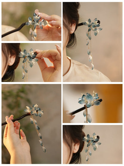 Ink Blue Magnolia Hairpin | New Chinese Style Elegant Wooden Accessory