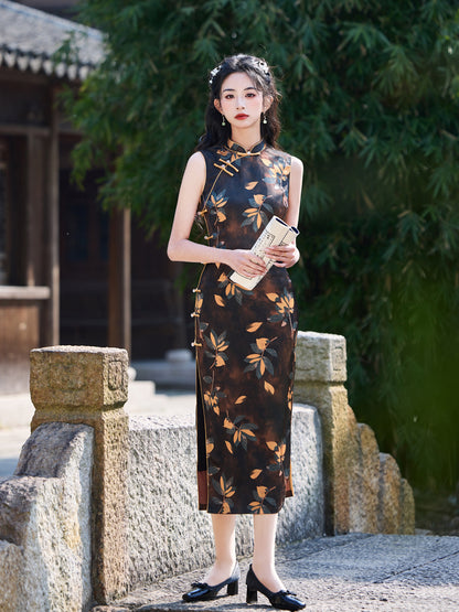 Black Sleeveless Cheongsam – Old Shanghai Printed Slim Dress