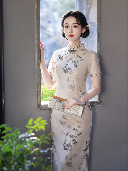 Asymmetrical Long Cheongsam – High-End Elegant Daily Dress
