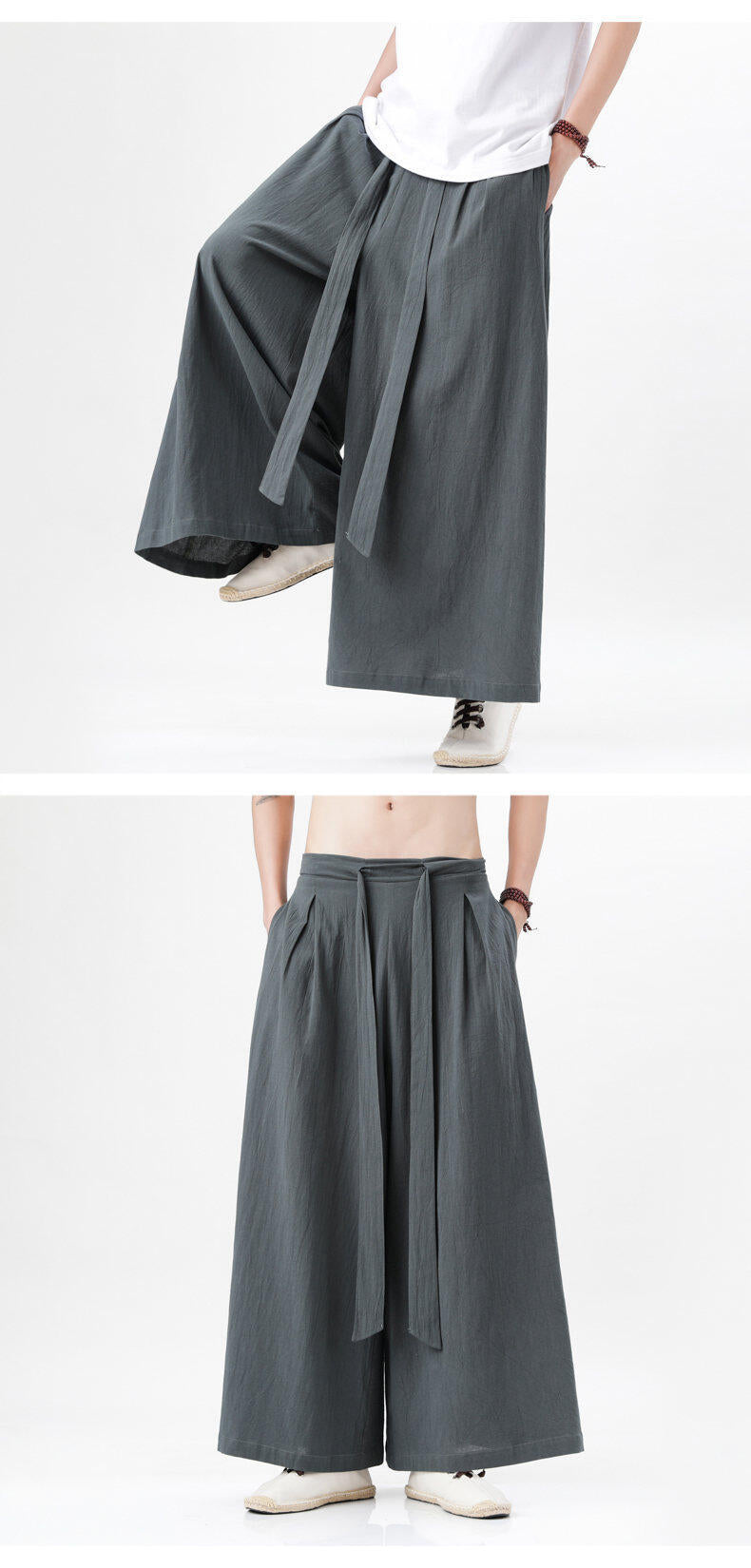 Mens Chinese Style Hanfu Linen Nine Point Retro Wide Leg Pants