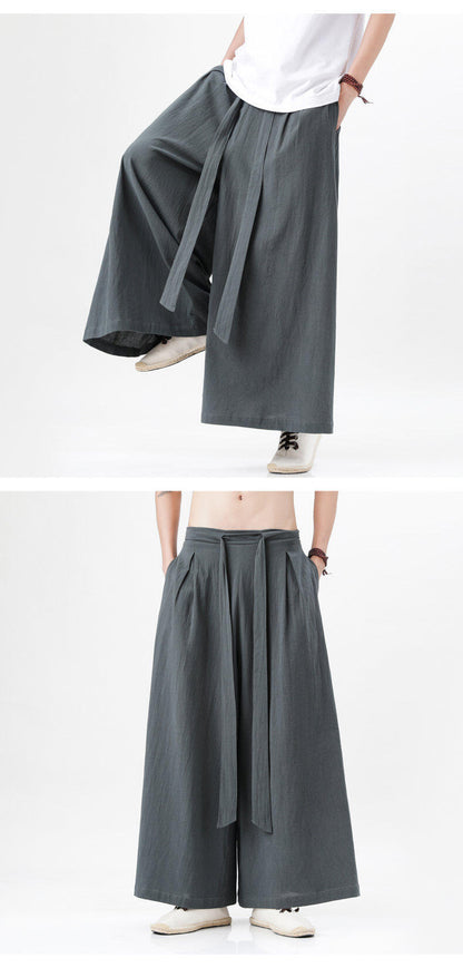 Mens Chinese Style Hanfu Linen Nine Point Retro Wide Leg Pants