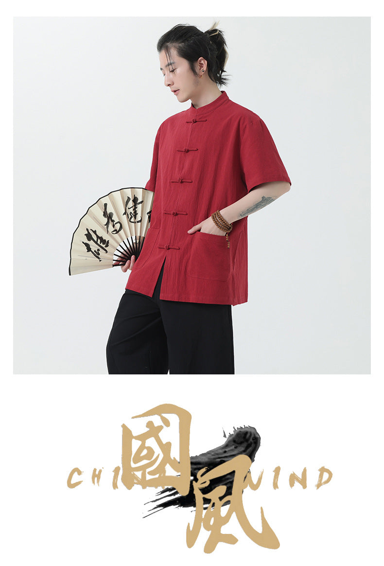 Chinese Style Mens Cotton Linen Shirt Half Sleeve Button Up Casual Top