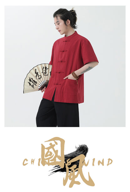Chinese Style Mens Cotton Linen Shirt Half Sleeve Button Up Casual Top