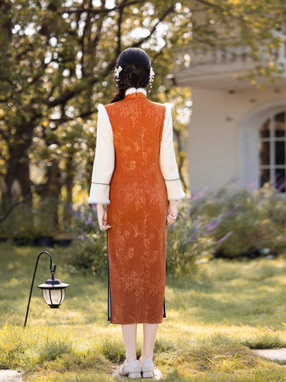 2025 Winter Chenille Fleece Long Cheongsam Patchwork New Chinese Style