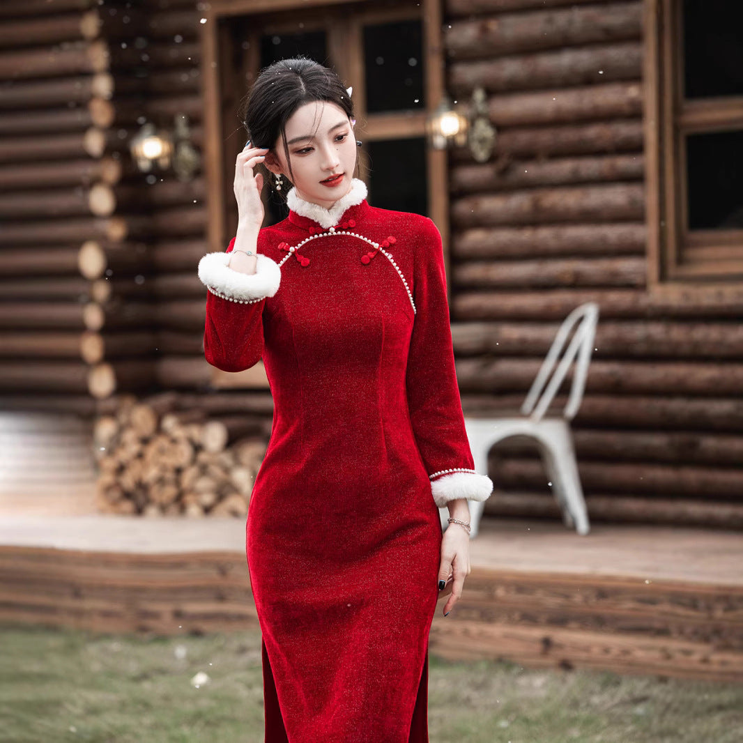 2025 New Improved Qipao – Warm Red High-End Autumn Winter Style