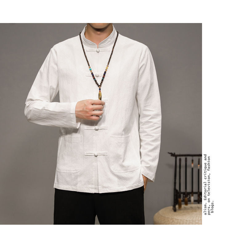 Men’s Chinese Style Cotton Linen Tang Shirt Long Sleeve Casual Retro