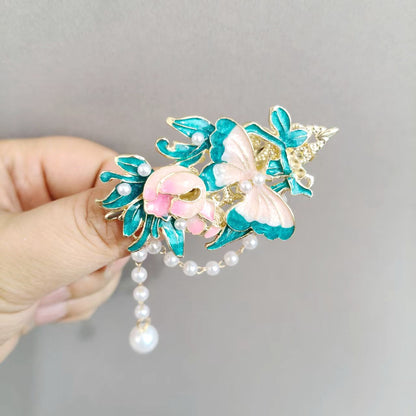 Blue Enamel Hair Clip Chinese Style Pearl Tassel Butterfly Hairpin