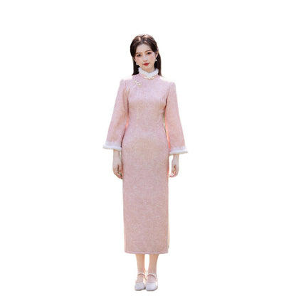 2025 New Pink Chinese Style Qipao | Warm Elegant Thickened Winter Dress