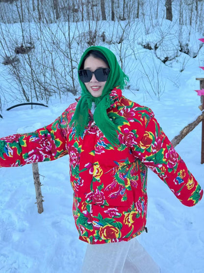Festive Northeast Large Floral Cotton Jacket Loose Winter Coat