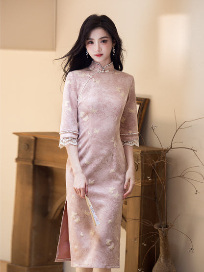 Republic of China Style Pink Cheongsam – Autumn Youth Dress