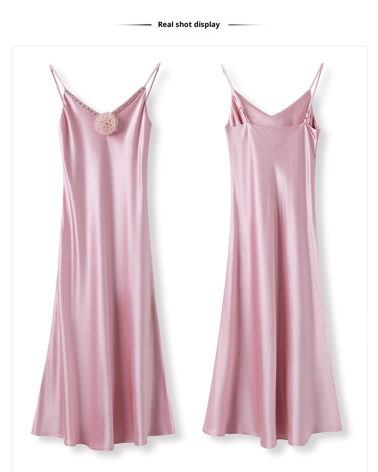 French Style Pink 3D Rose Acetate Strap Dress Elegant Long Gown