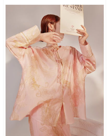 New Chinese Style Dragon Embroidered Shirt & High Waist Skirt Set