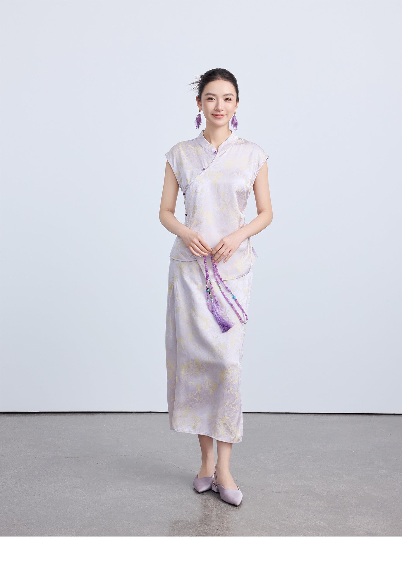 High-End Waist-Cinching Jacquard Top with Asymmetrical Collar