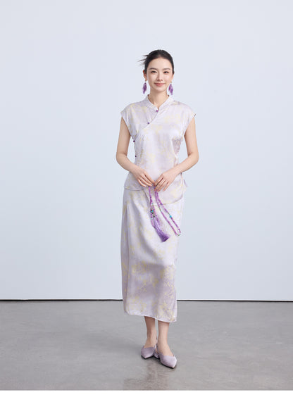 High-End Waist-Cinching Jacquard Top with Asymmetrical Collar