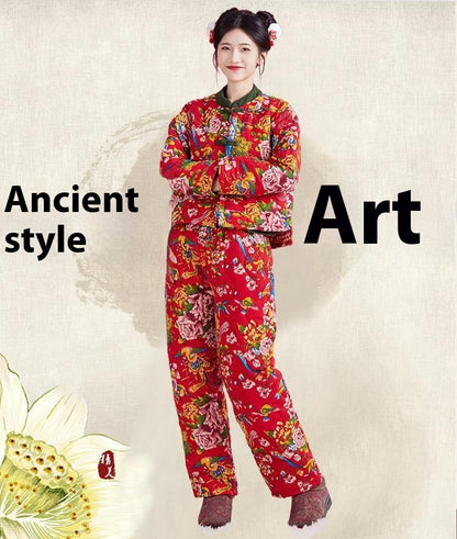 Northeast Floral Winter Jacket Women Thick Ethnic Cotton Coat Set