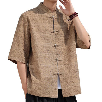 Chinese Style Mens Metal Button Jacquard Tang Shirt Summer Hanfu Top