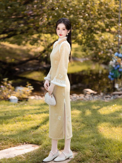 Long Sleeve Crystal Velvet Qipao | Winter Thickened Fleece Lined Dress