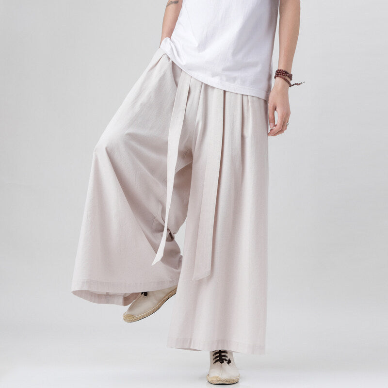 Mens Chinese Style Hanfu Linen Nine Point Retro Wide Leg Pants