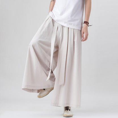 Mens Chinese Style Hanfu Linen Nine Point Retro Wide Leg Pants