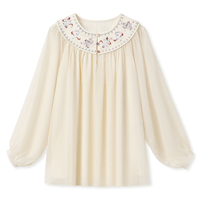 New Chinese Style Embroidered Mesh Shirt | Autumn Light Luxury Elegant Top