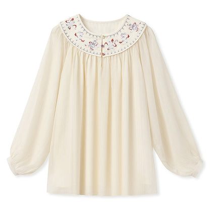 New Chinese Style Embroidered Mesh Shirt | Autumn Light Luxury Elegant Top