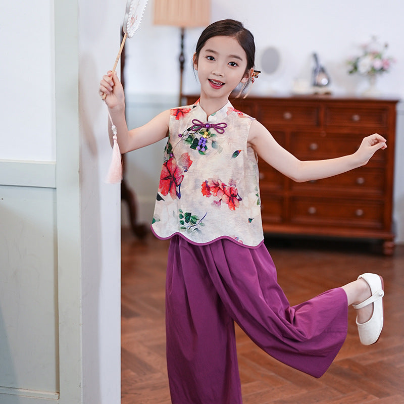 Retro Republic Style Girls Two-Piece — Improved Shirt & Pants Set