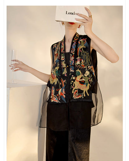 2026 New Chinese Style Silk Embroidered Mesh Patchwork Vintage Vest