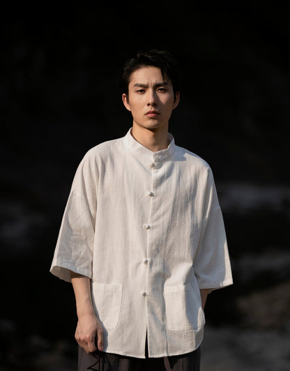 Summer Chinese Cotton Linen Shirt Men Casual Thin Youth Trend Top