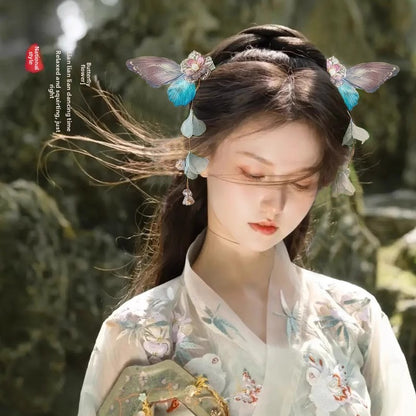 Orchid tassel headdress with side clips and new Chinese flower hairpins