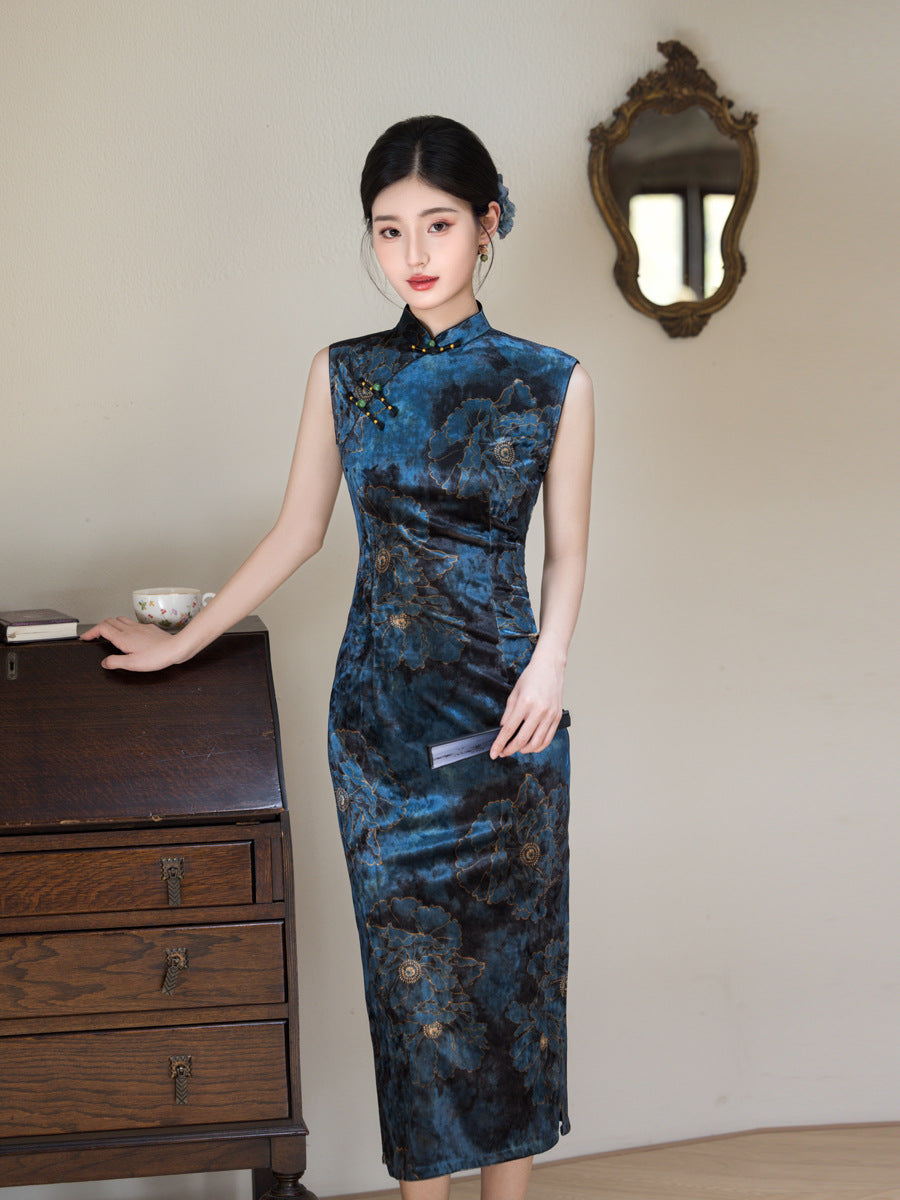Modified Slim Fit Qipao – Elegant Vintage Blue Chinese Dress